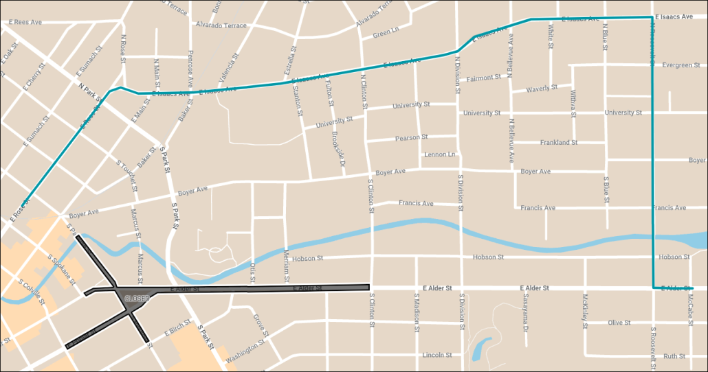 route image showing the buses to travel on either Clinton Street or Division Street, the route will deviate starting at Roosevelt Street. The inbound bus will then travel westbound on Isaacs Avenue to return to the regular route on Rose Street.