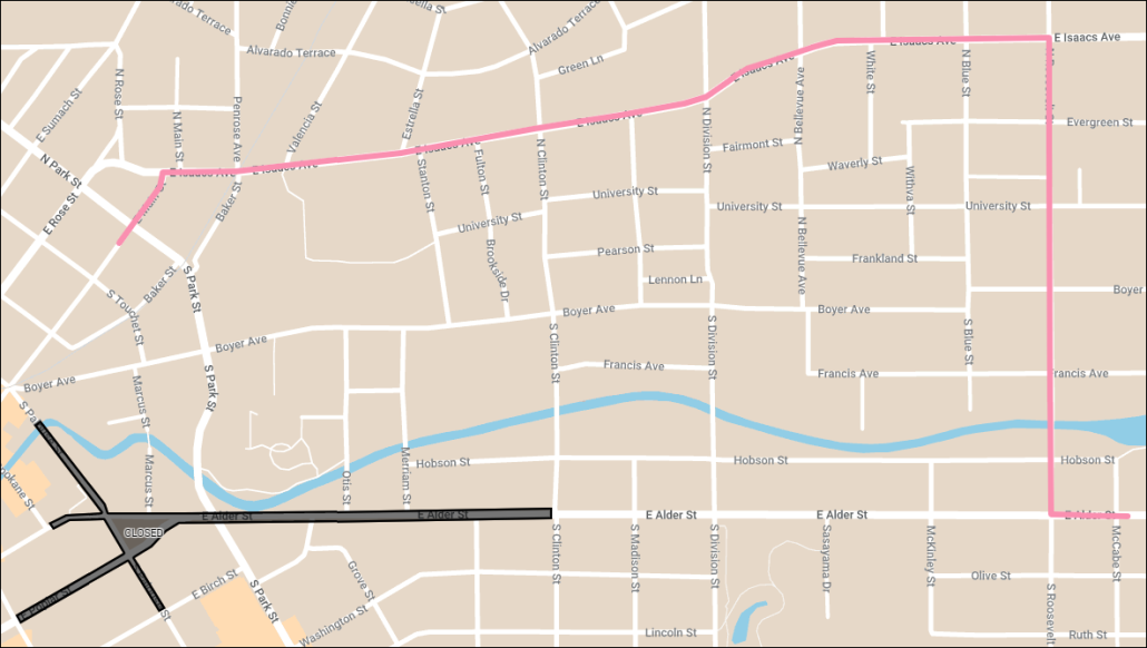 route image showing The bus will travel North on Roosevelt Street, and West on Isaacs before returning to route on Rose Street