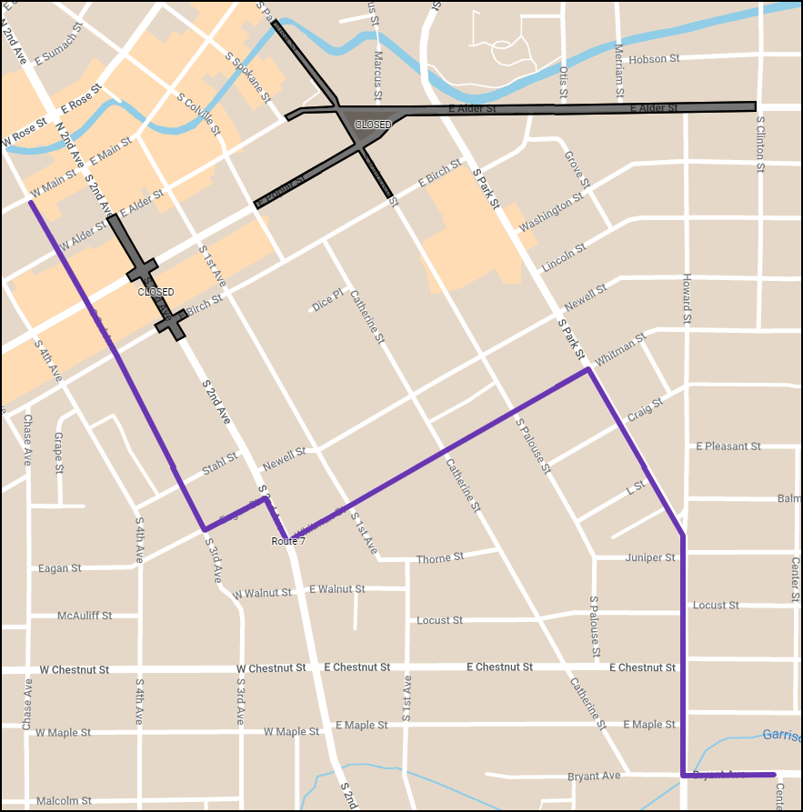map showing route sevent traveling on third street, eagan street, and whitman street before returning to the regular route