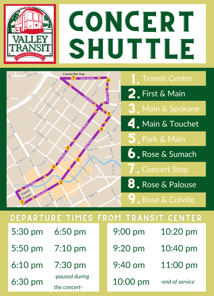concert shuttle route image, includes stop times. Every thirty minutes, departing from the transit center, beginning at 5:30 pm. Brief pause in shuttle time between 7:50 and 9:00 pm while the concert is in session. Route resumes at 9:00 pm running every 30 minutes until the last run at 11 pm.