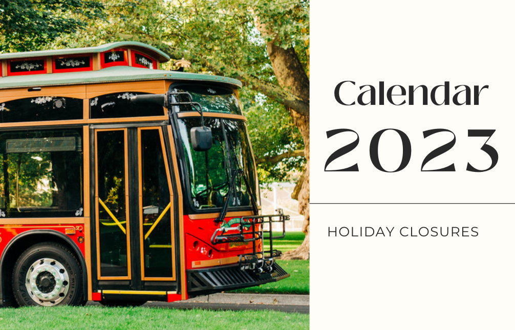 decorative image with bus reading Calendar 2023 Holiday Closures