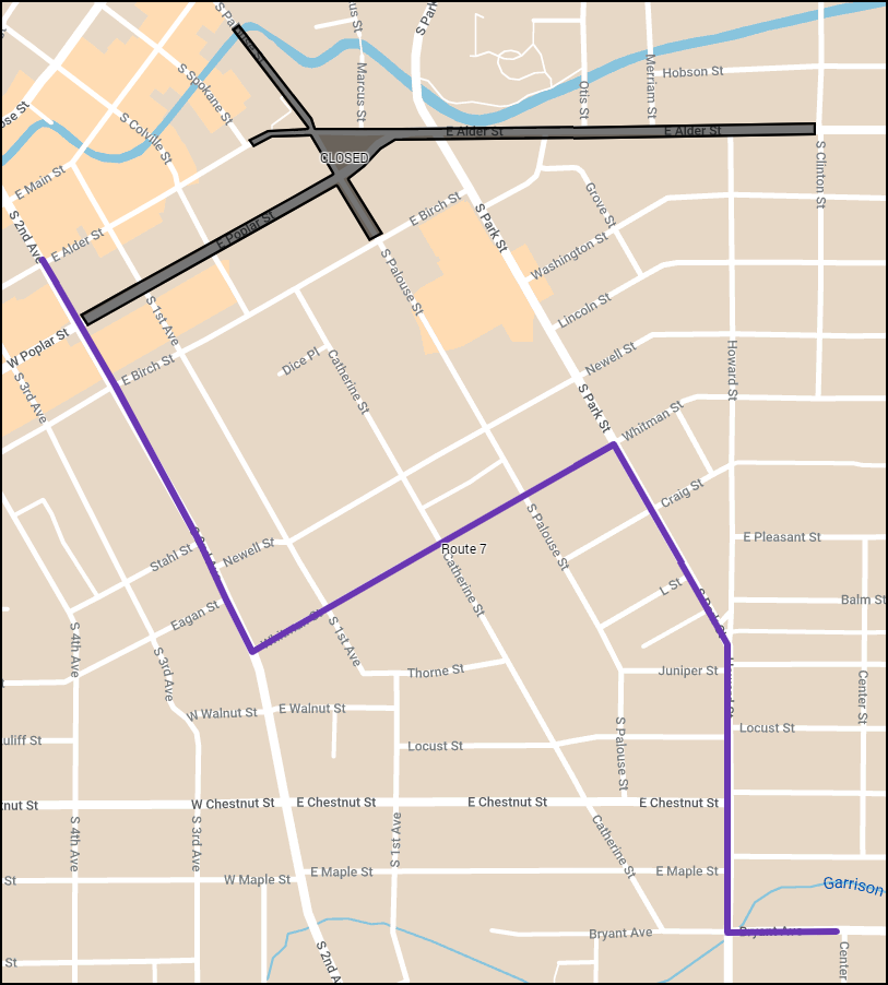 map showing route 7 traveling on 2nd avenue, whitman street, park street, and howard street before returning to route on bryant avenue