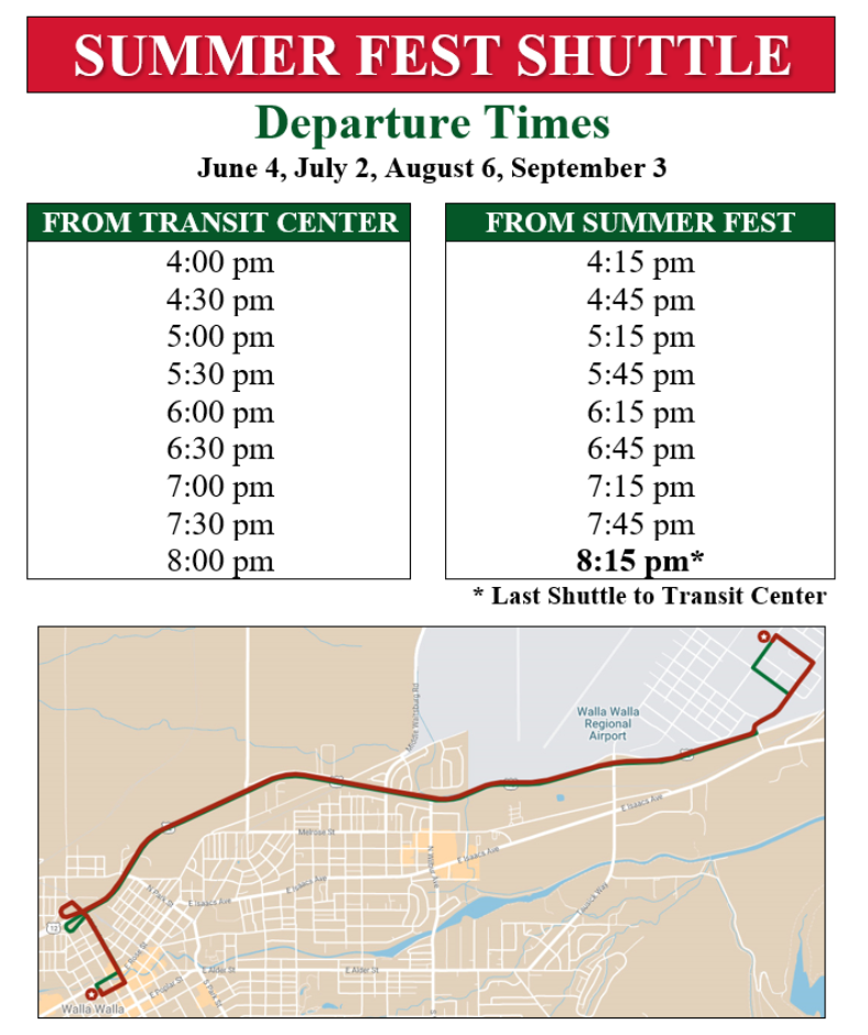 On June 4th, July 2nd, August 6th, and September 3rd, the summer fest shuttle will run between 4 pm and 8:30 pm. The last bus will depart from the transit center at 8:15 pm. the shuttle will run between the transit center and the summer fest location near burwood brewing.