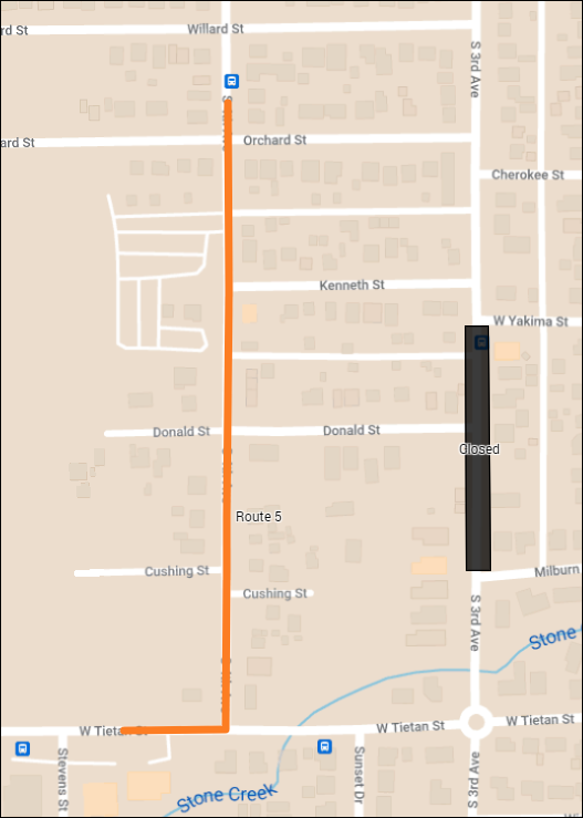 Route 5 deviation map. From Tietan, Route 5 will turn north on 4th Ave and will continue on it's normal route after Orchard St. It will not travel on 3rd Ave.