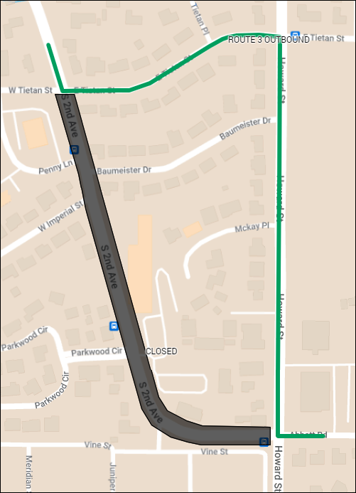 deviation map showing route 3 turning east on Tietan Street, and then south on Howard Street before returning to the regular route on Abbott Road.