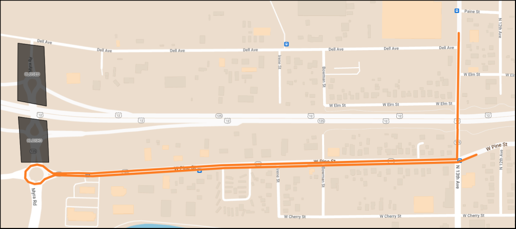 deviation map showing Route 9 bypassing Dell avenue, and instead traveling east and west on Pine Street, utilizing the roundabout on Myra to turn around