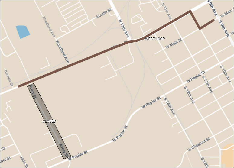 Map shows the West Loop deviating around road construction on Avery St.