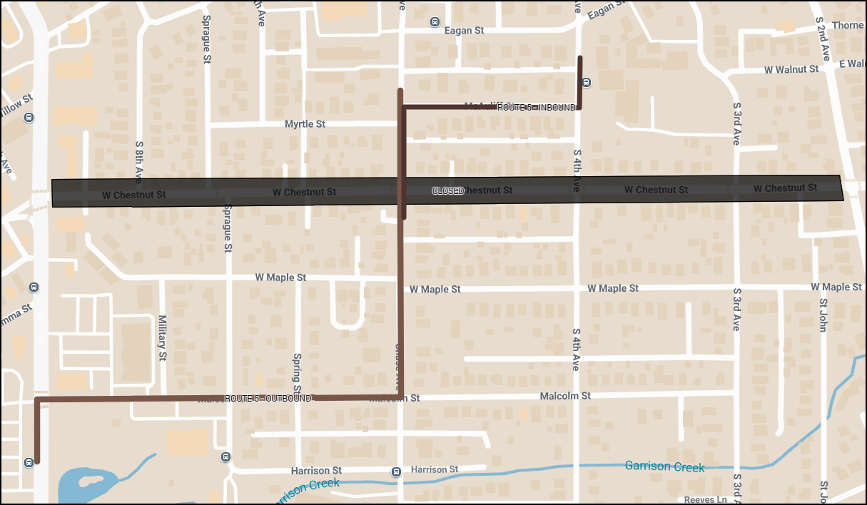 Map shows Route 5 deviation around a road closure on Chestnut St between 2nd Ave and 9th Ave.