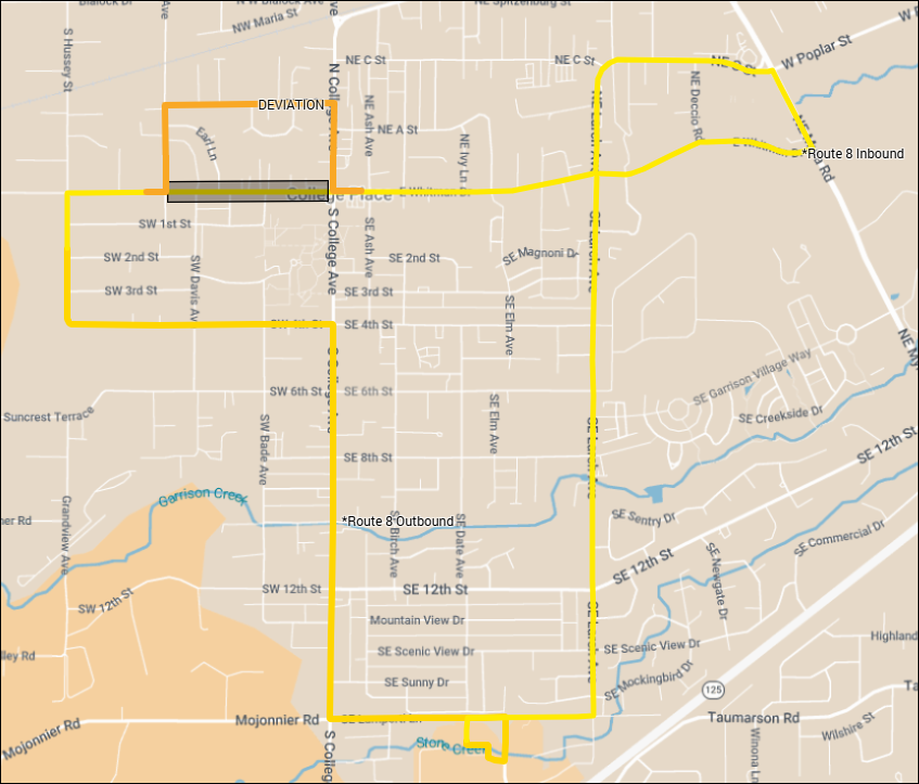 Map shows Route 8 deviating around road work on Whitman Dr between Evans and College Ave.