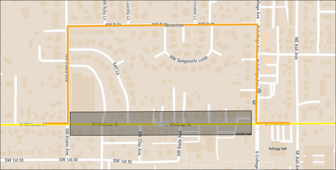 Map shows Route 8 deviating around road work on Whitman Dr between Evans and College Ave.
