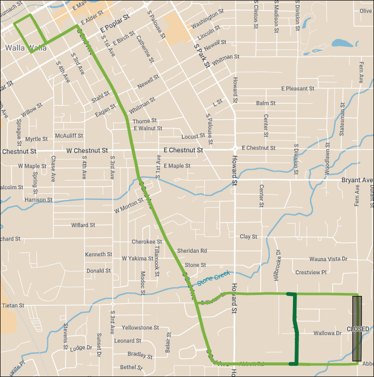 Map shows Route 3 deviating around a road closure on Fern Ave between Abbott Rd and Tietan St.