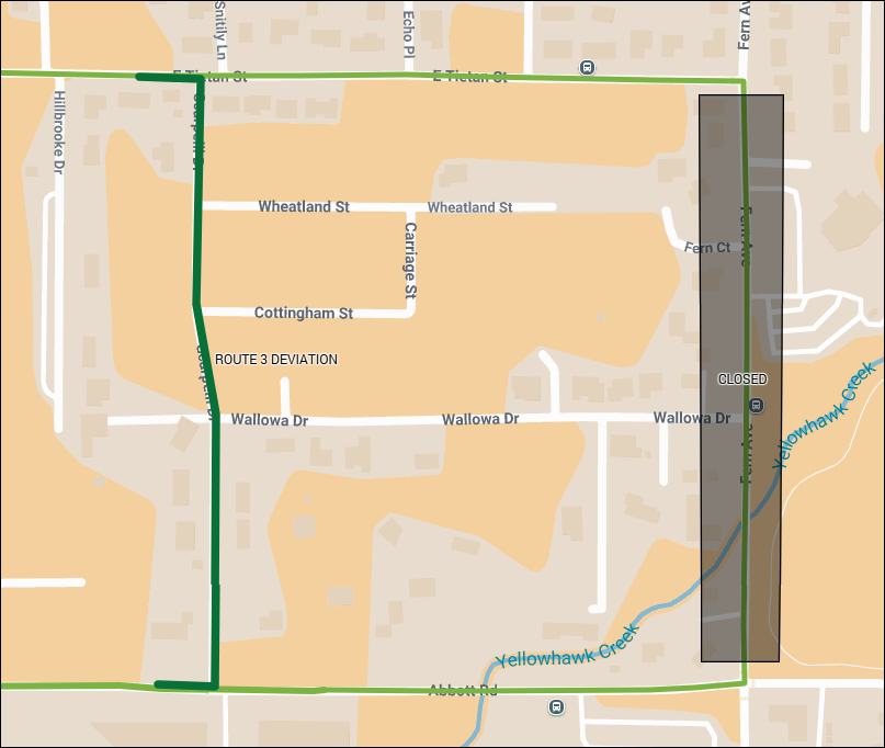 Map shows Route 3 deviating around a road closure on Fern Ave between Abbott Rd and Tietan St.