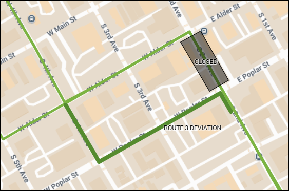Map shows Route 3 deviating around a road closure on 2nd Ave between Alder St and Poplar St.