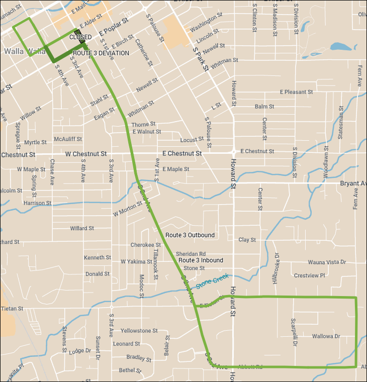 Map shows Route 3 deviating around a road closure on 2nd Ave between Alder St and Poplar St.