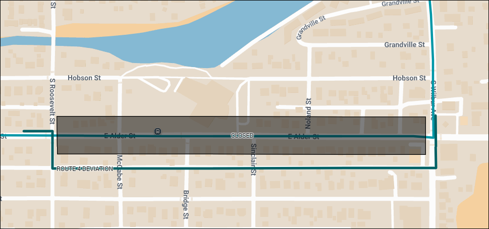 Map shows Route 4 deviating around a road closure on Alder St between Wilbur Ave and Roosevelt St.