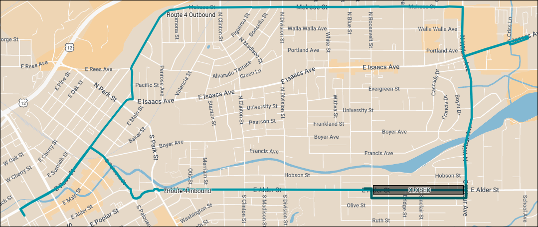 Map shows Route 4 deviating around a road closure on Alder St between Wilbur Ave and Roosevelt St.