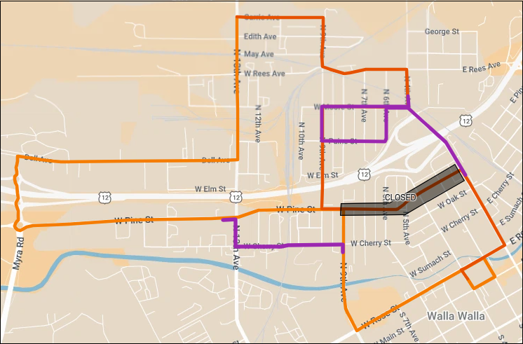 Map shows Route 9 deviating around a road closure on Pine St between 2nd Ave and 9th Ave.