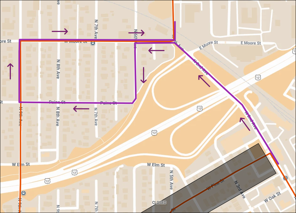 Map shows Route 9 deviating around a road closure on Pine St between 2nd Ave and 9th Ave.