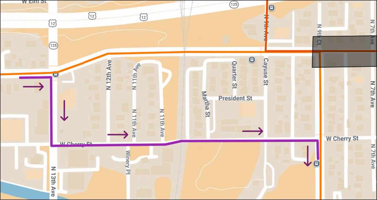 Map shows Route 9 deviating around a road closure on Pine St between 2nd Ave and 9th Ave.