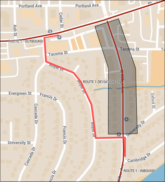 Map shows Route 1 deviating around a road closure on Wilbur Ave between Isaacs Ave and University Dr.
