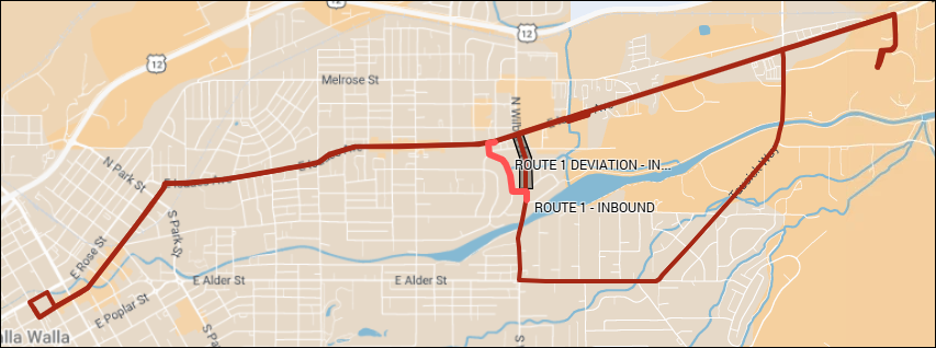 Map shows Route 1 deviating around a road closure on Wilbur Ave between Isaacs Ave and University Dr.