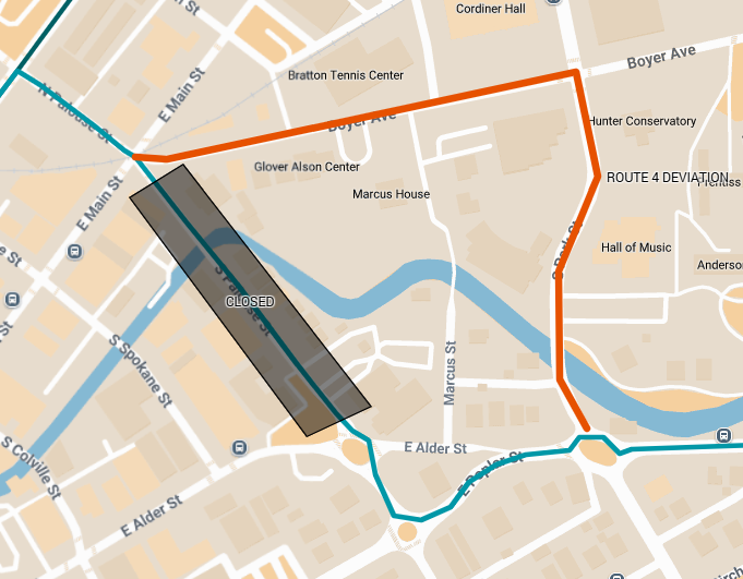 Map shows Route 4 deviating around a road closure on Palouse St between Alder St and Main St.
