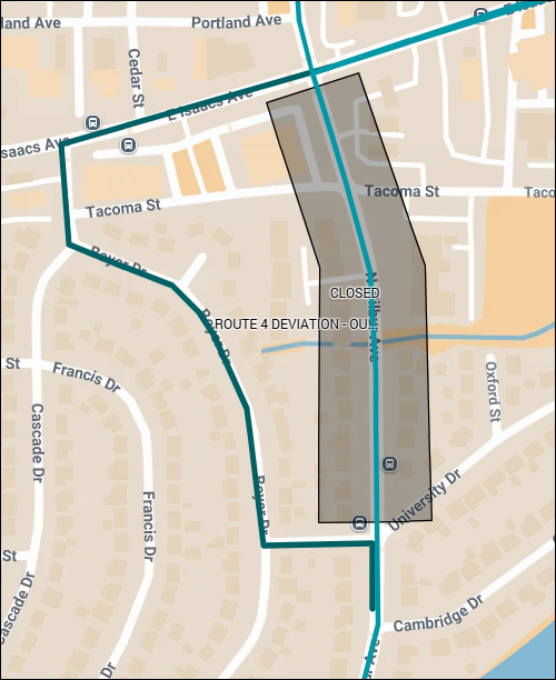 Map shows Route 4 deviating around a road closure on Wilbur Ave between Isaacs Ave and University St.