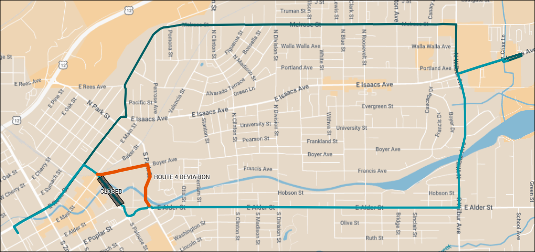 Map shows Route 4 deviating around a road closure on Palouse St between Alder St and Main St.
