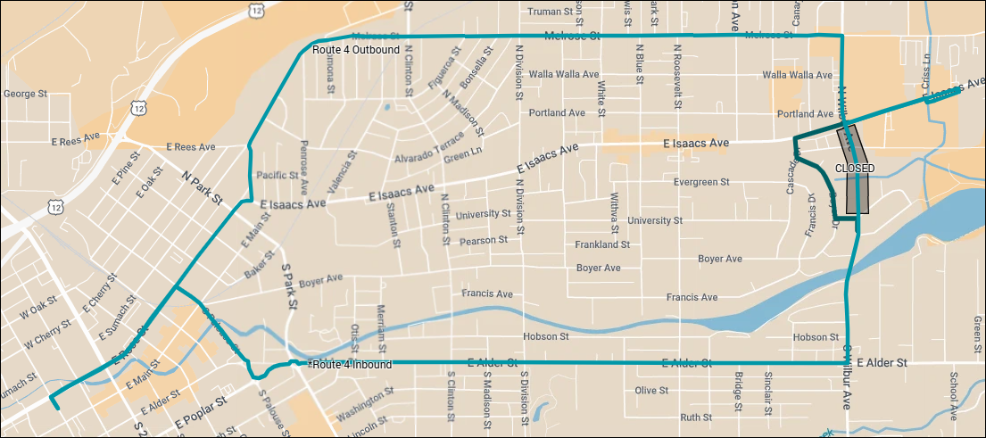 Map shows Route 4 deviating around a road closure on Wilbur Ave between Isaacs Ave and University St.