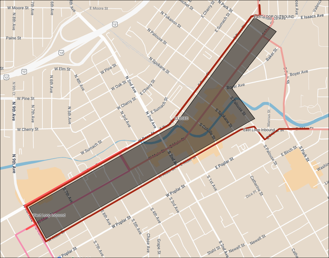 Map shows the East and West loops deviating around a road closure on Main St between 9th Ave and Park St.