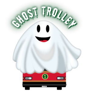 Smiling white ghost draped over a red roller skate beneath the dripping words “GHOST TROLLEY.”