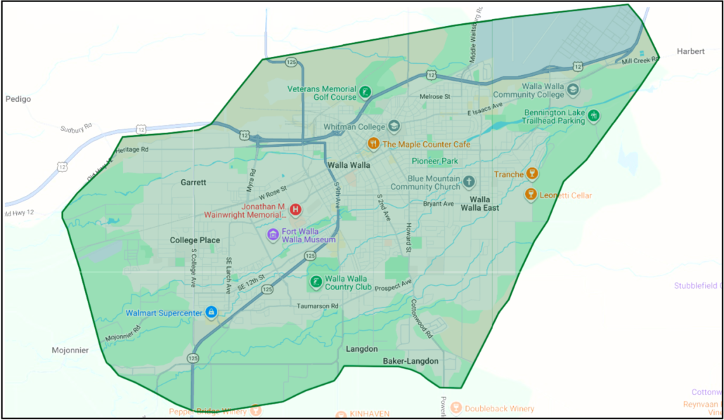 Map of the Walla Walla area with a large, irregular green-outlined boundary and transparent green shading. The boundary includes most of Walla Walla, College Place, Walla Walla East, Whitman College, Walla Walla Community College, the Veterans Memorial Golf Course, Walla Walla Country Club, and nearby neighborhoods. Major roads, parks, schools, businesses, and landmarks remain visible beneath the green overlay.