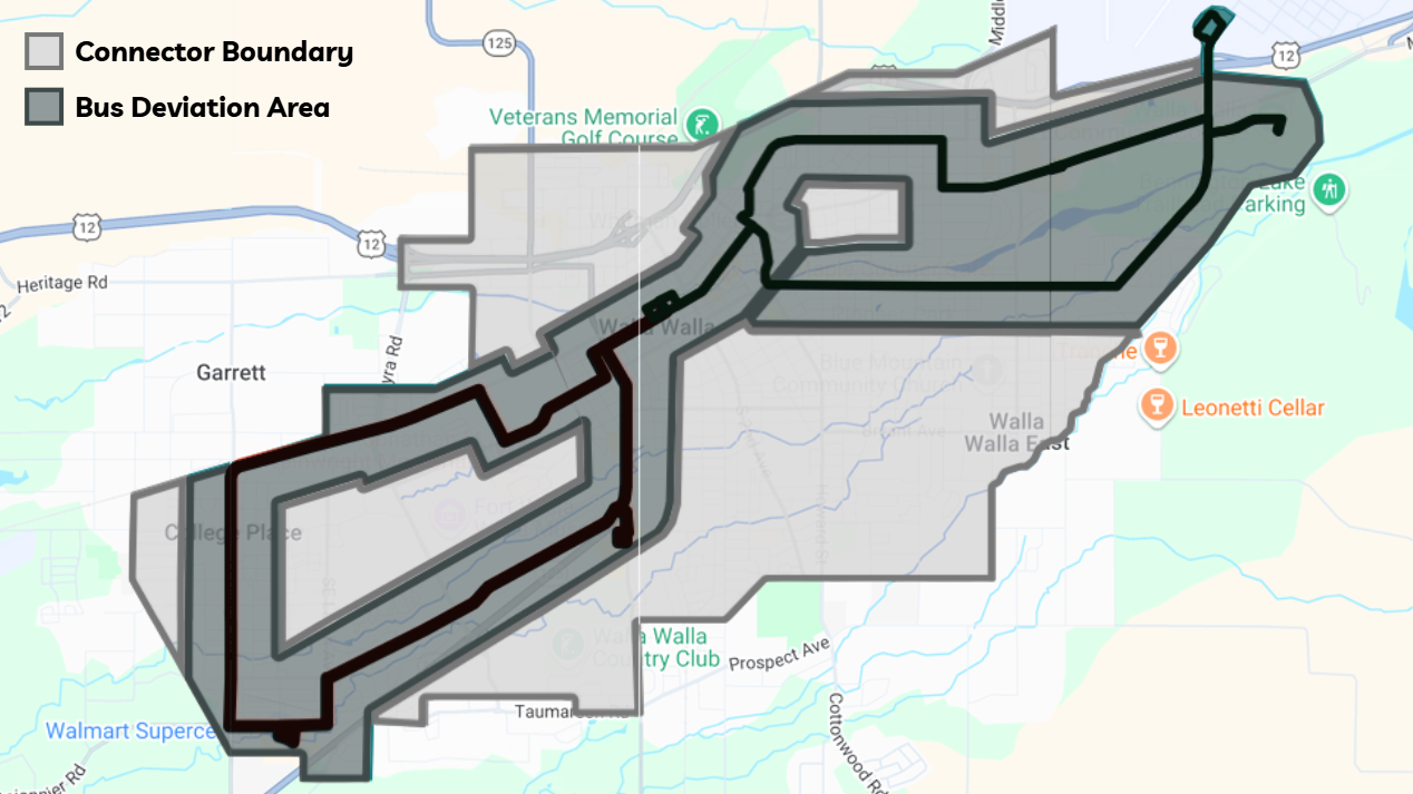 flex labeled Map showing the light grey Connector Boundary, dark grey Bus Deviation Area, and associated black transit routes in Walla Walla.