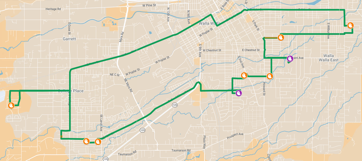 Map of ghost trolley route Walla Walla and College Place showing a green route with orange and purple markers.