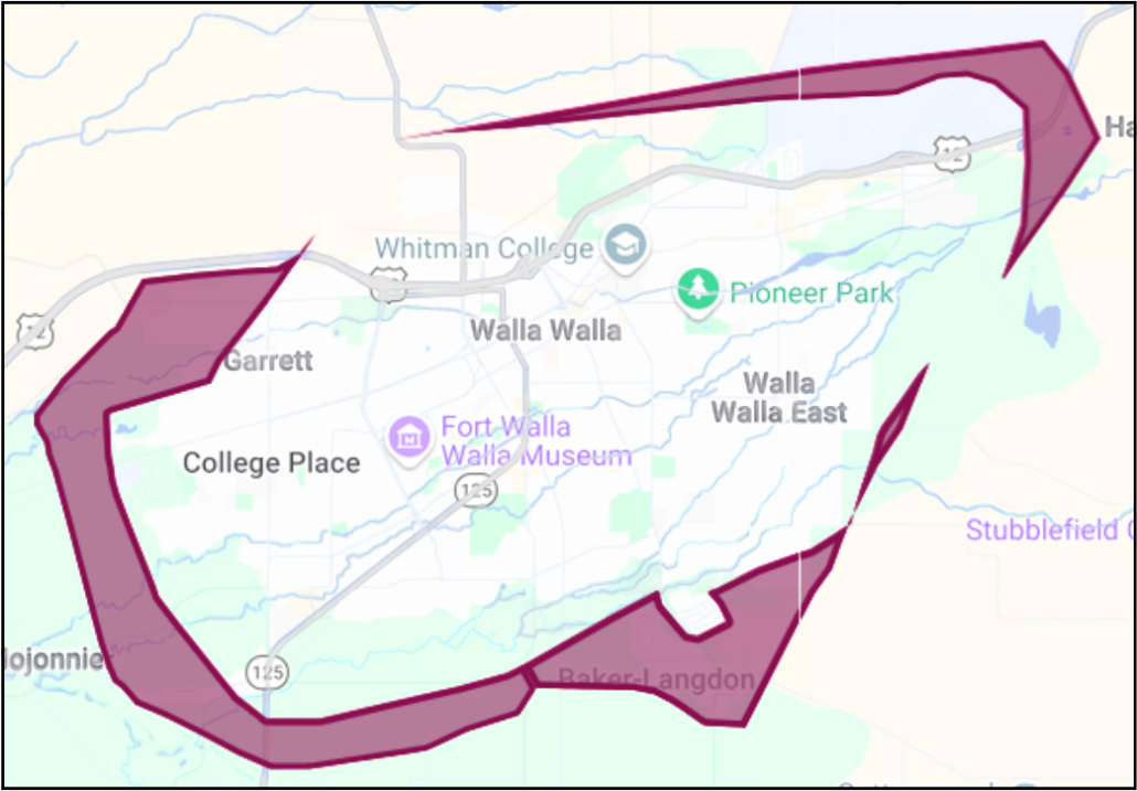 Map of Walla Walla and College Place showing only the areas newly added to the Valley Transit service area. New coverage areas are shaded dark magenta with a matching outline. They include portions of the northwest near Garrett and west of Whitman College; a long northern corridor extending east along U.S. Highway 12 toward the Harbert area; areas along the southern and southwestern edges of College Place and Walla Walla near Mojonnier Road and Baker-Langdon; and narrow new service areas east and southeast of Walla Walla East. Existing service areas are not shaded